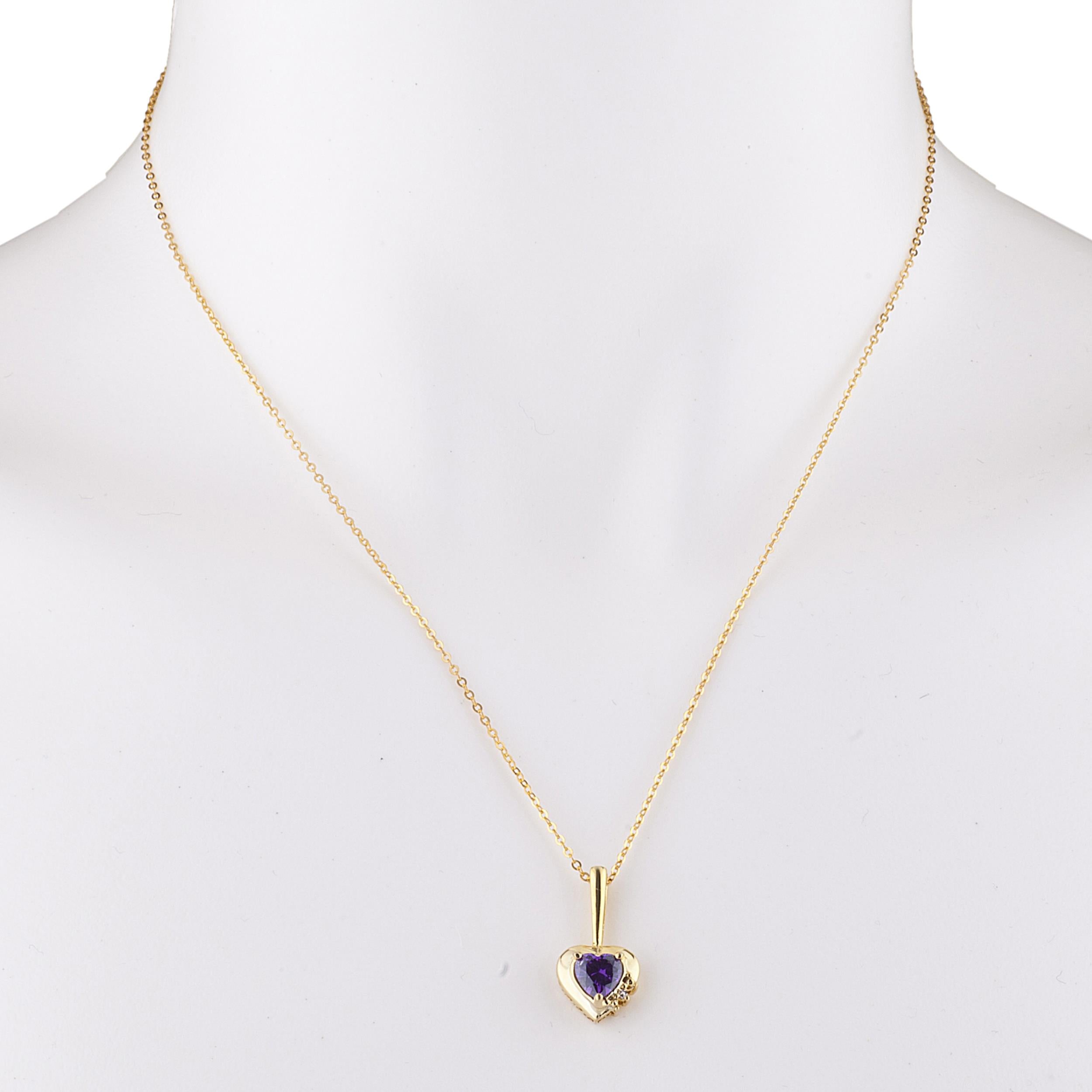 14Kt Gold Amethyst & Diamond Heart Design Pendant Necklace