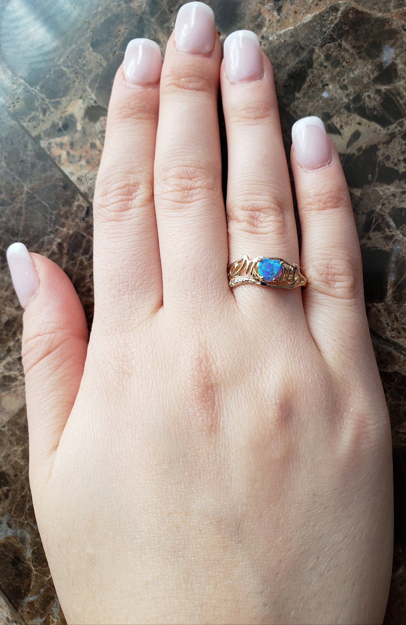 14Kt Gold Blue Opal & Diamond Heart Mom Ring