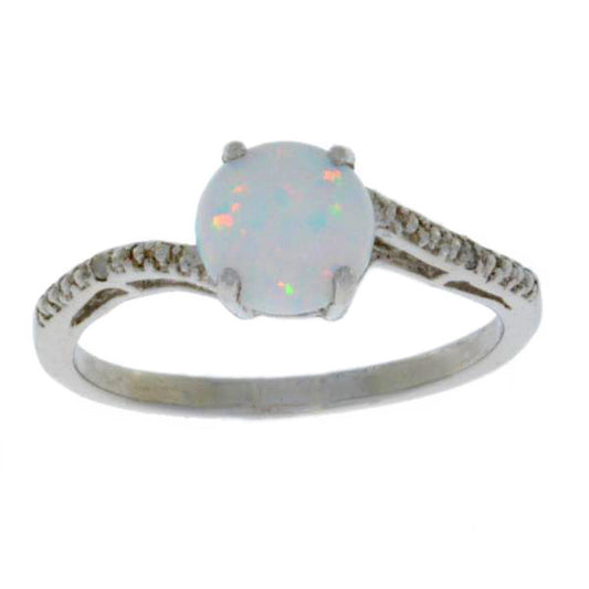 7mm Opal & Diamond Round Ring .925 Sterling Silver Rhodium Finish