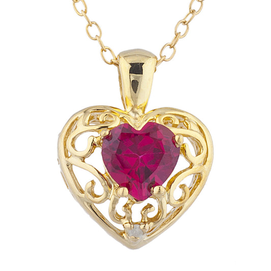 14Kt Yellow Gold Plated Created Ruby & Diamond Love Design Heart Pendant