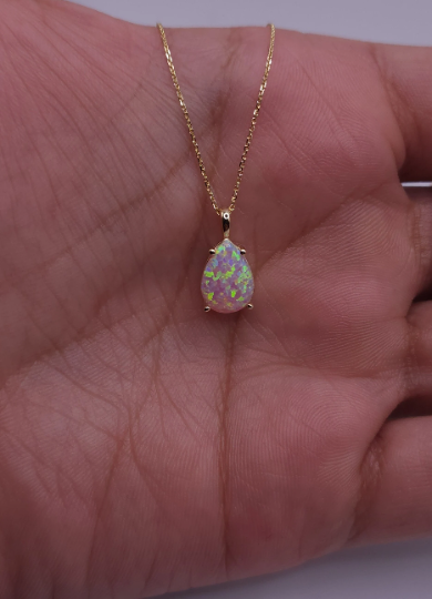 14Kt Gold Pink Opal Teardrop Pendant Necklace