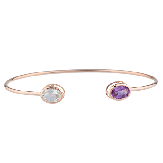 Genuine Aquamarine & Amethyst Oval Bezel Bangle Bracelet 14Kt Rose Gold Plated Over .925 Sterling Silver