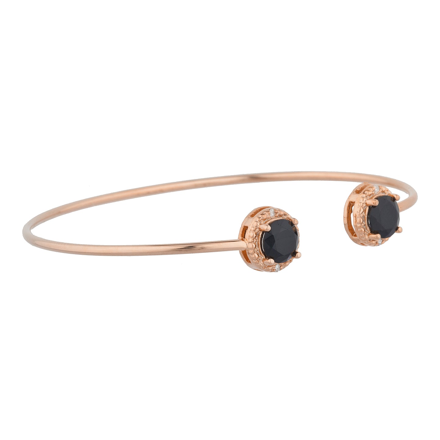 14Kt Rose Gold Plated Genuine Black Onyx & Diamond Round Bangle Bracelet