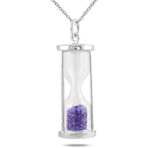 Natural Amethyst 0.75 Ct 'Time in Bottle' Dust Hourglass Pendant .925 Sterling Silver