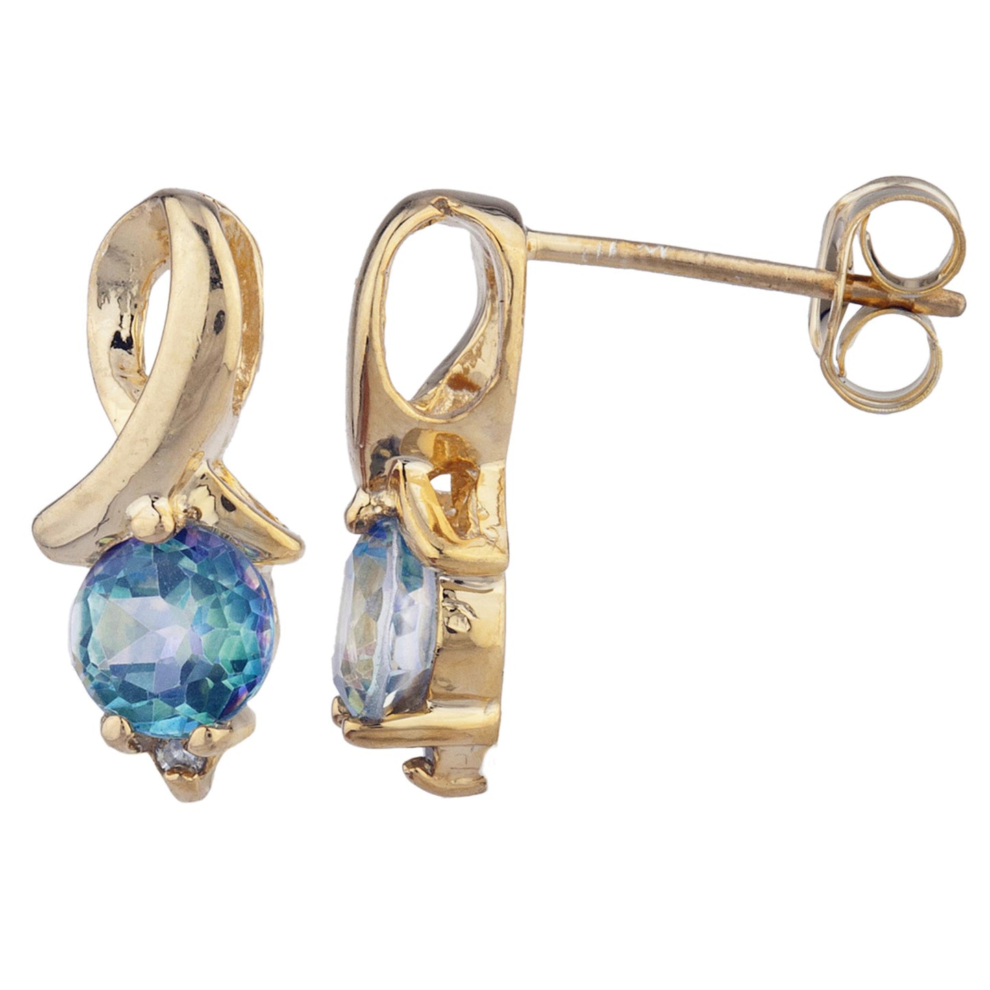 14Kt Yellow Gold Plated Natural Blue Mystic Topaz & Diamond Round Design Stud Earrings