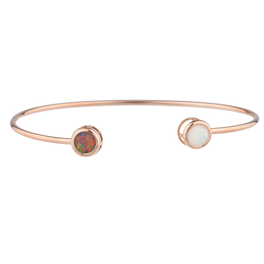 Black & White Opal Round Bezel Bangle Bracelet 14Kt Rose Gold Plated Over .925 Sterling Silver