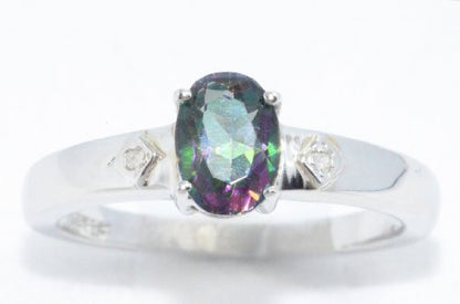 1 Ct Mystic Topaz & Diamond Oval Ring .925 Sterling Silver Rhodium Finish