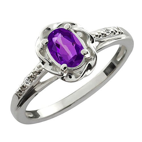 0.50 Ct Amethyst & Diamond Oval Ring .925 Sterling Silver Rhodium Finish