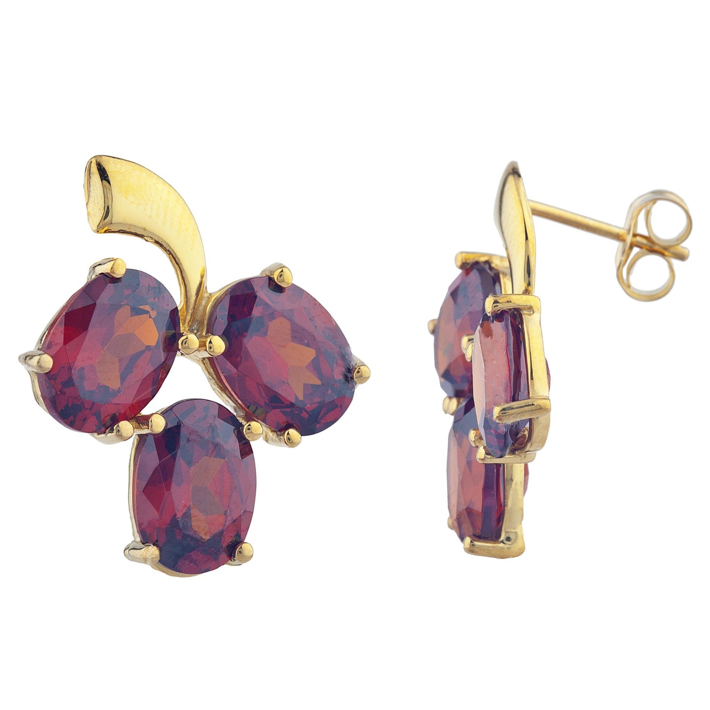 14Kt Yellow Gold Plated Garnet Oval Design Stud Earrings