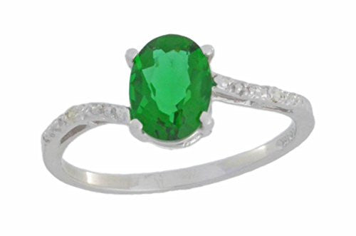 1.5 Ct Created Emerald & Diamond Oval Ring .925 Sterling Silver Rhodium Finish