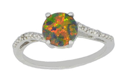 7mm Black Opal & Diamond Round Ring .925 Sterling Silver Rhodium Finish