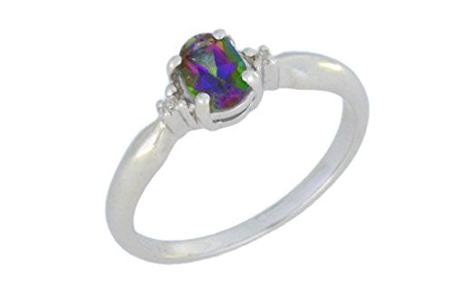 0.50 Ct Mystic Topaz & Diamond Oval Ring .925 Sterling Silver Rhodium Finish