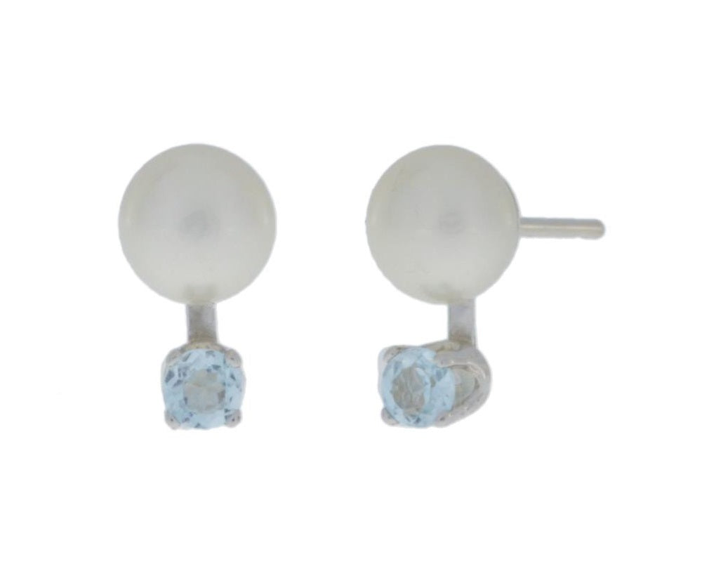 3mm Natural Aquamarine & White Pearl Stud Earrings .925 Sterling Silver