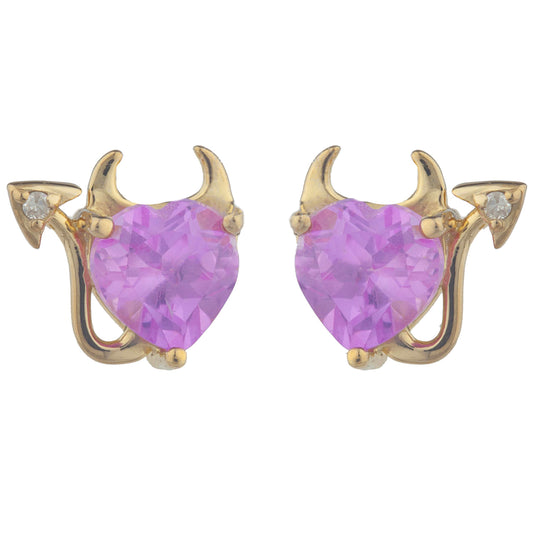 14Kt Gold Pink Sapphire & Diamond Devil Heart Stud Earrings