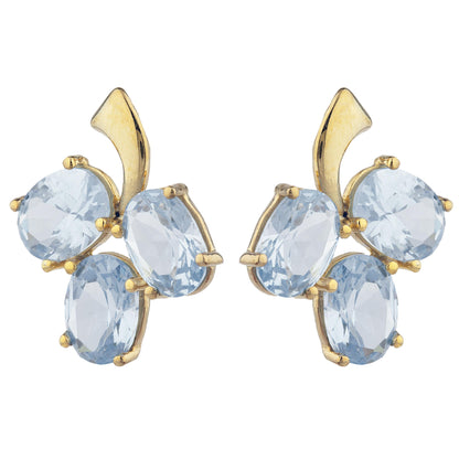 14Kt Yellow Gold Plated Genuine Aquamarine Oval Design Stud Earrings