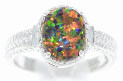 10x8mm Black Opal & Diamond Oval Ring .925 Sterling Silver Rhodium Finish