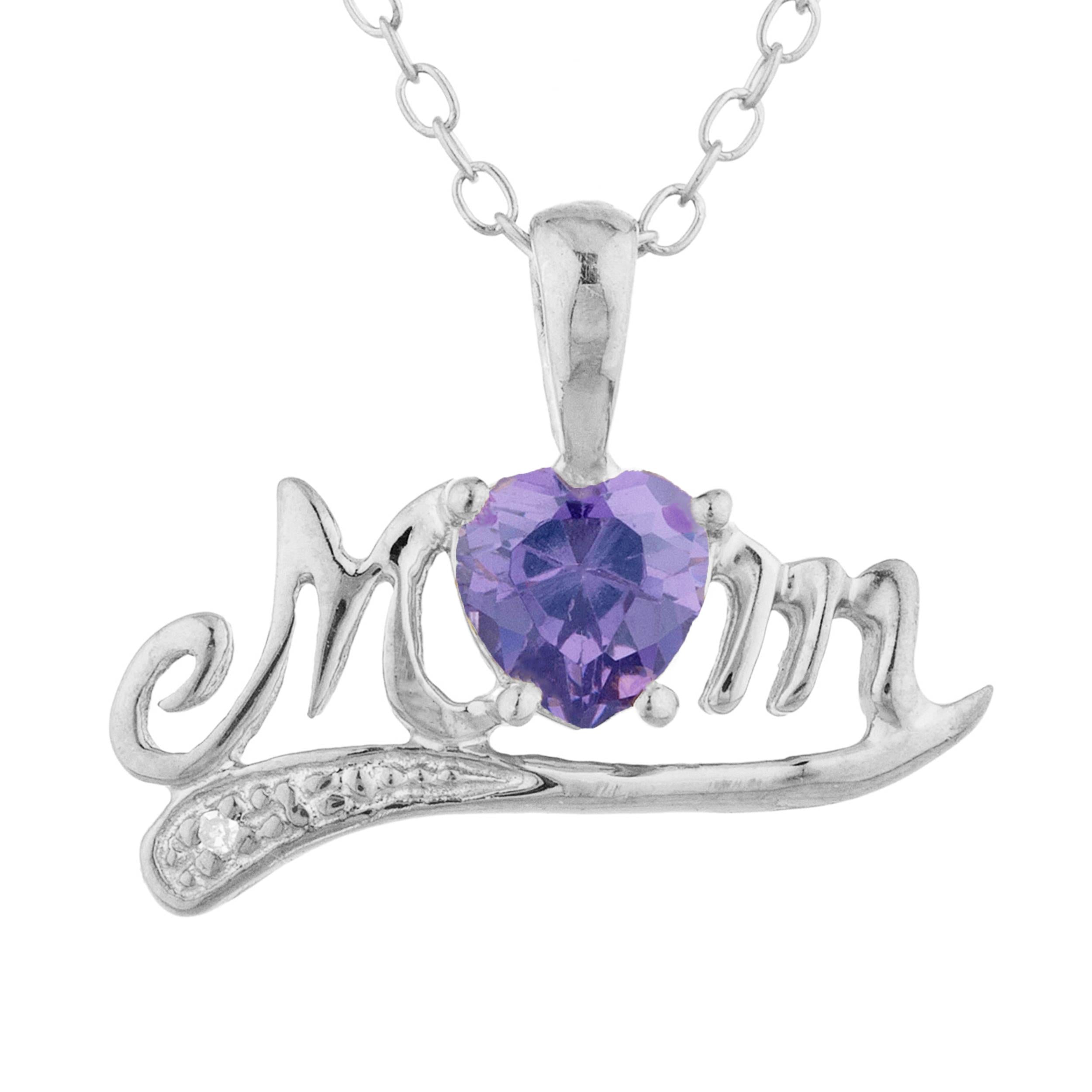 14Kt Gold Amethyst & Diamond Heart Mom Pendant Necklace
