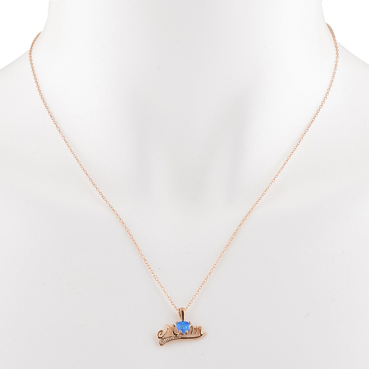 14Kt Rose Gold Plated Blue Opal & Diamond Heart Mom Pendant