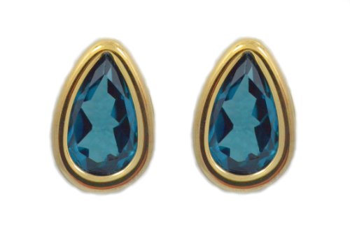 14Kt Yellow Gold London Blue Topaz Pear Bezel Stud Earrings