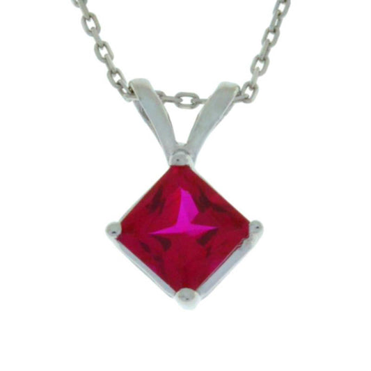 14Kt Gold Created Ruby Princess Cut Pendant Necklace