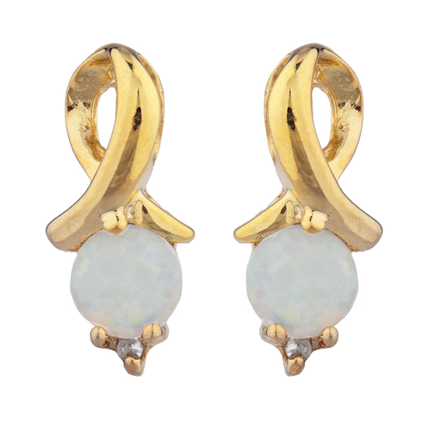 14Kt Gold Genuine Opal & Diamond Round Design Stud Earrings