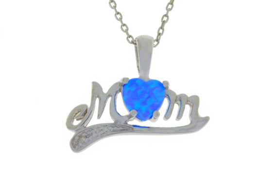 Blue Opal Heart MOM Diamond Pendant .925 Sterling Silver Rhodium Finish