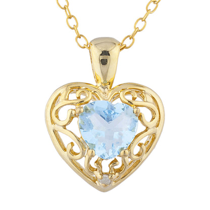 14Kt Gold Blue Topaz & Diamond Heart LOVE ENGRAVED Pendant Necklace