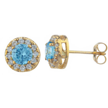 14Kt Gold 1 Ct Swiss Blue Topaz Halo Design Stud Earrings