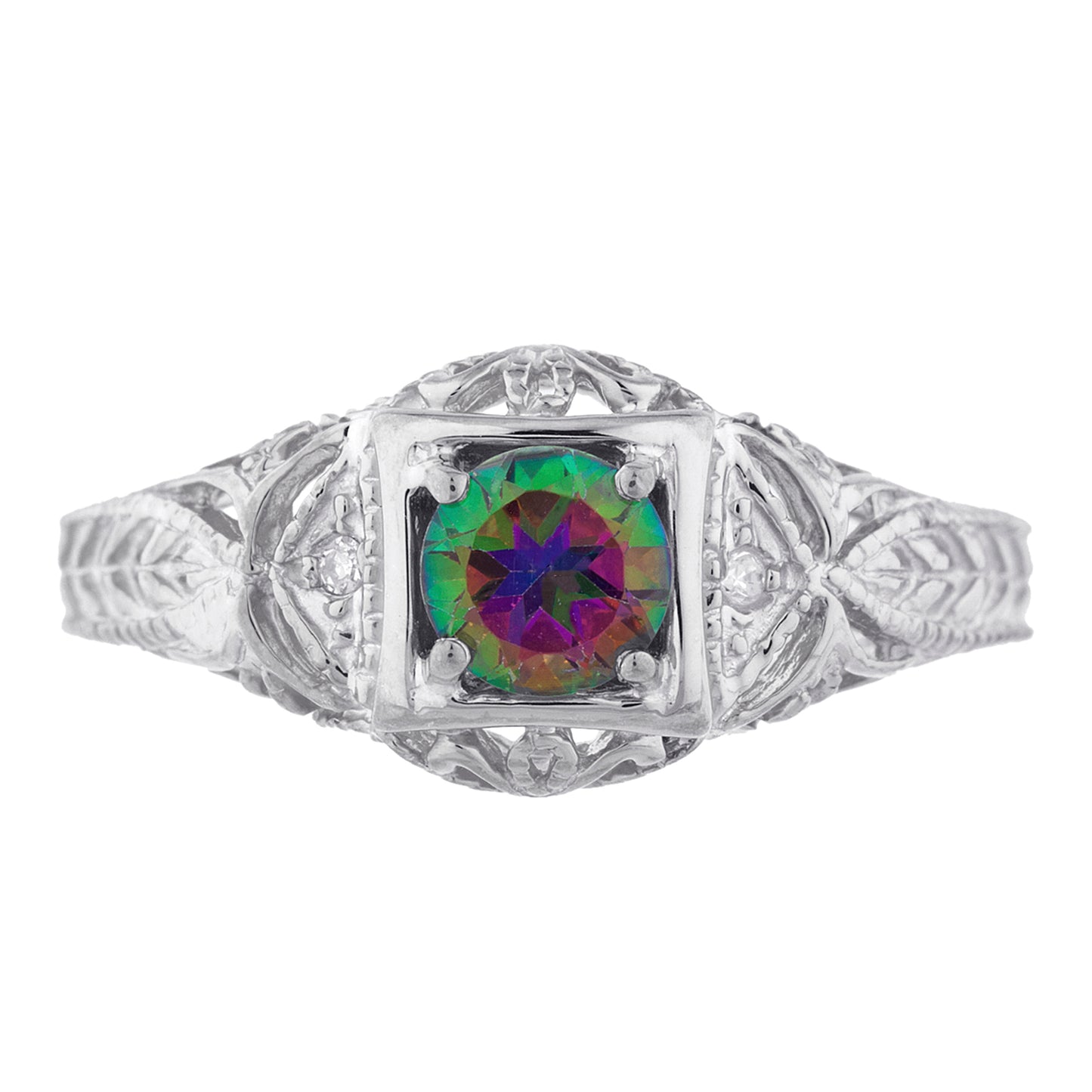 14Kt Gold Natural Mystic Topaz & Diamond Design Round Ring