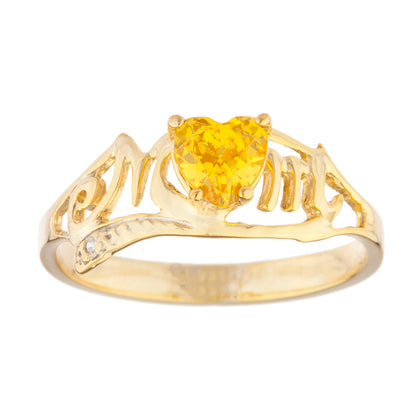 14Kt Gold Yellow Citrine & Diamond Heart Mom Ring