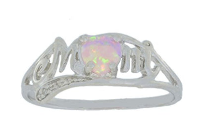 Pink Opal & Diamond Heart Mom Ring .925 Sterling Silver Rhodium Finish