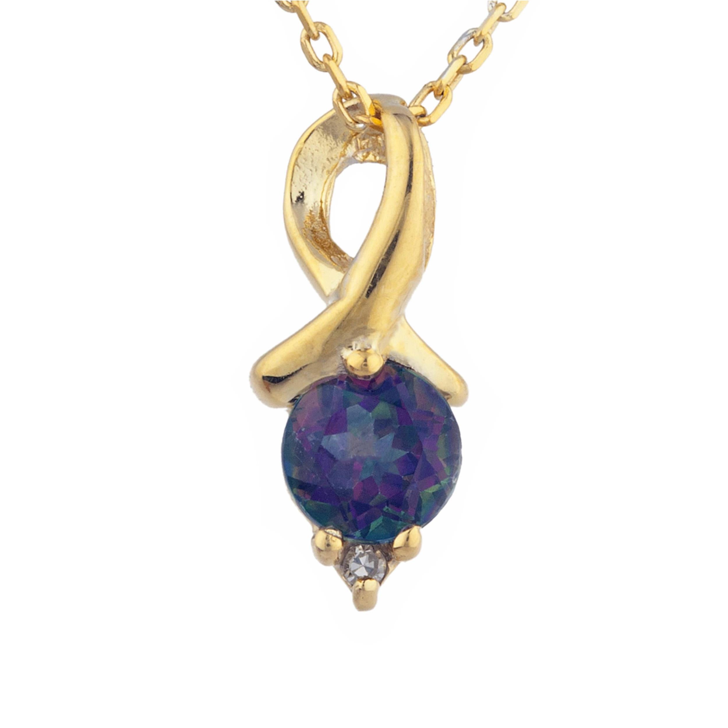 14Kt Gold Natural Mystic Topaz & Diamond Round Design Pendant Necklace