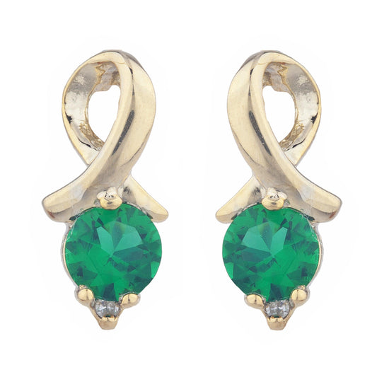 14Kt Gold Emerald & Diamond Round Design Stud Earrings