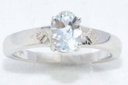 1 Ct Genuine Aquamarine & Diamond Oval Ring .925 Sterling Silver Rhodium Finish