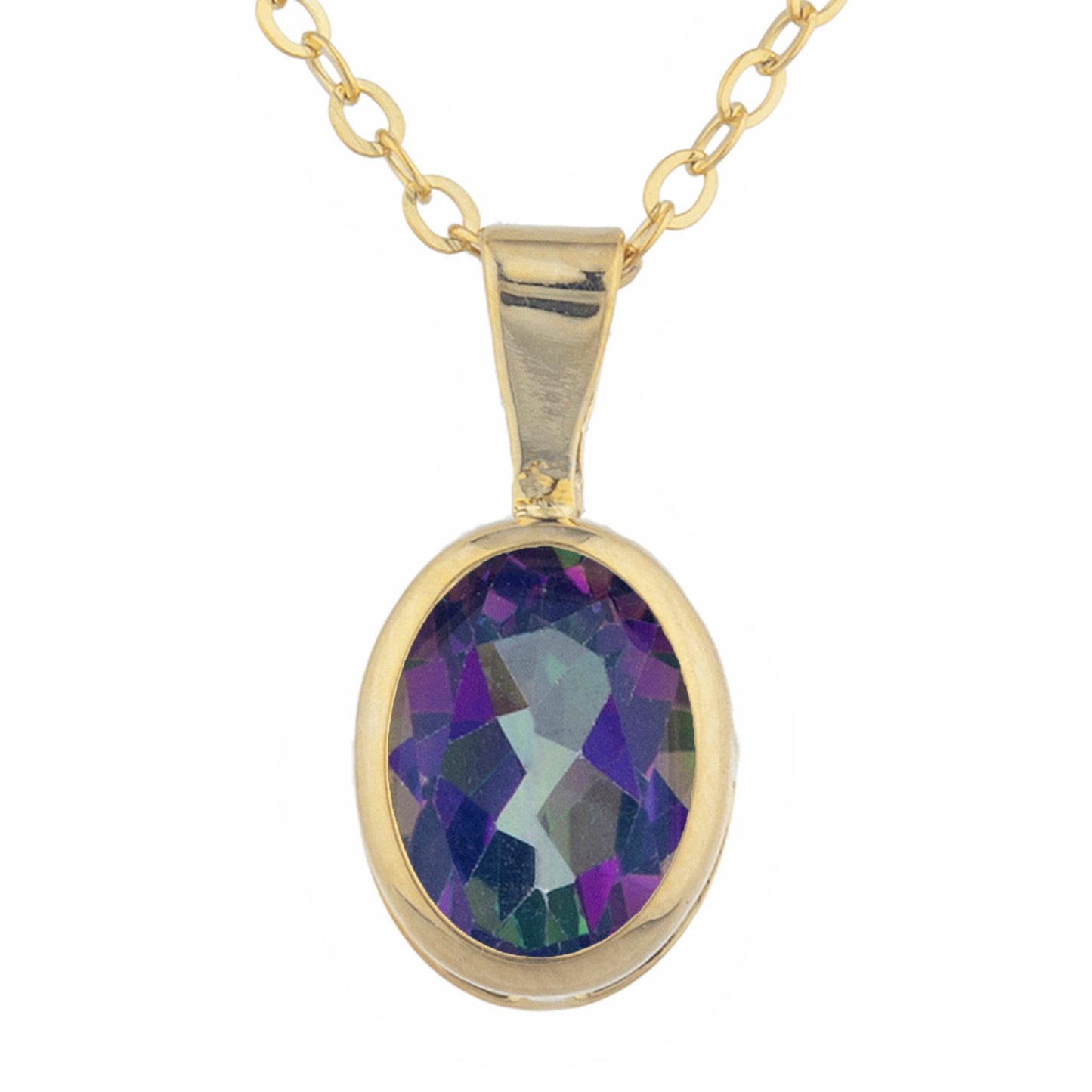 14Kt Gold Natural Mystic Topaz Oval Bezel Pendant Necklace