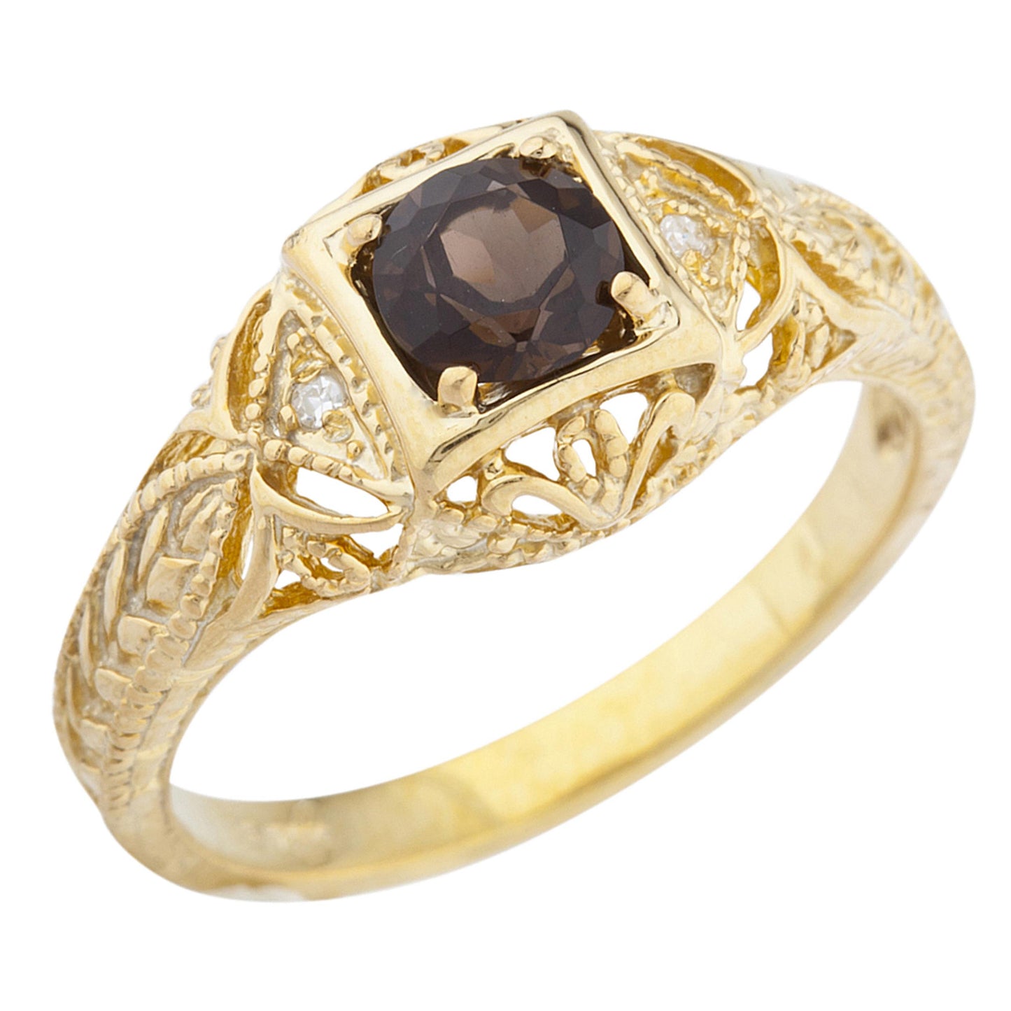 14Kt Gold Genuine Smoky Topaz & Diamond Design Round Ring