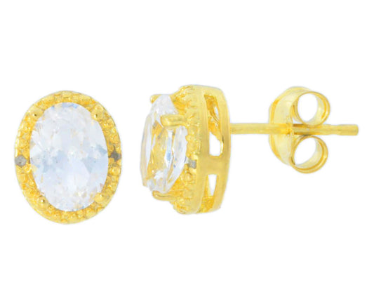 2 Ct White Topaz & Diamond Oval Stud Earrings 14Kt Yellow Gold Plated