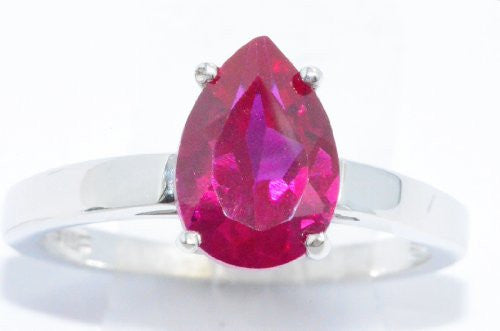 2 Ct Created Ruby Pear Ring .925 Sterling Silver Rhodium Finish