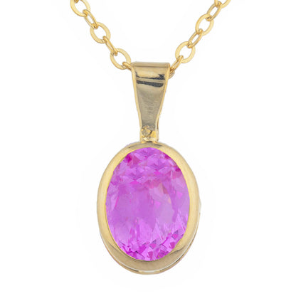 14Kt Gold Pink Sapphire Oval Bezel Pendant Necklace