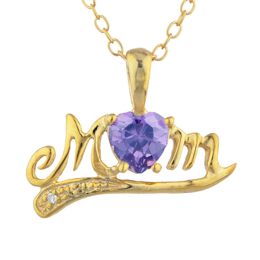 14Kt Gold Amethyst & Diamond Heart Mom Pendant Necklace