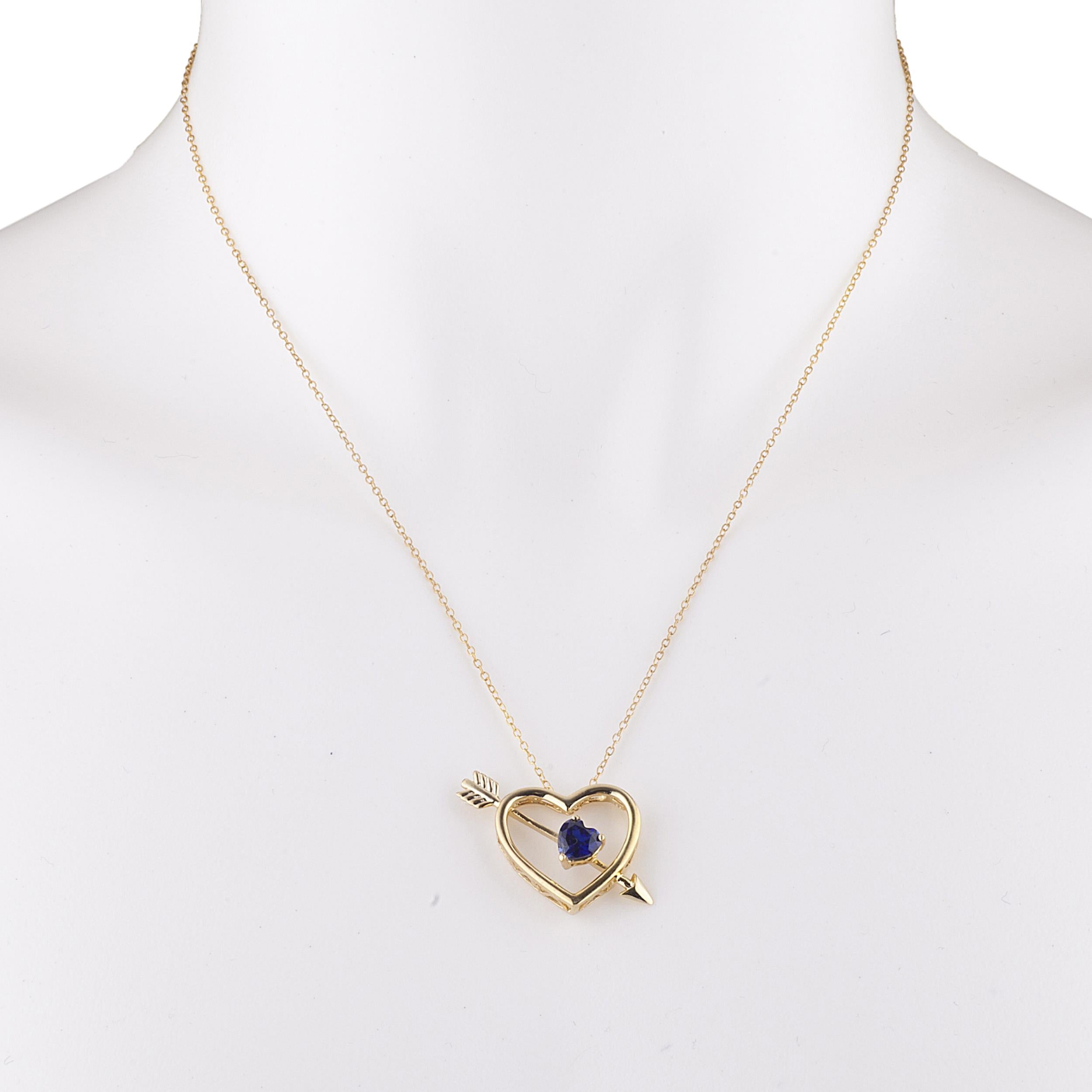 14Kt Gold Blue Sapphire Heart Bow & Arrow Pendant Necklace