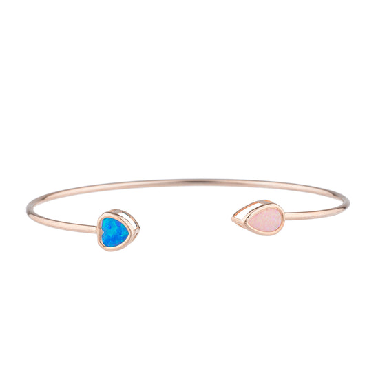 Blue Opal Heart & Pink Opal Pear Bezel Bangle Bracelet 14Kt Rose Gold Plated Over .925 Sterling Silver