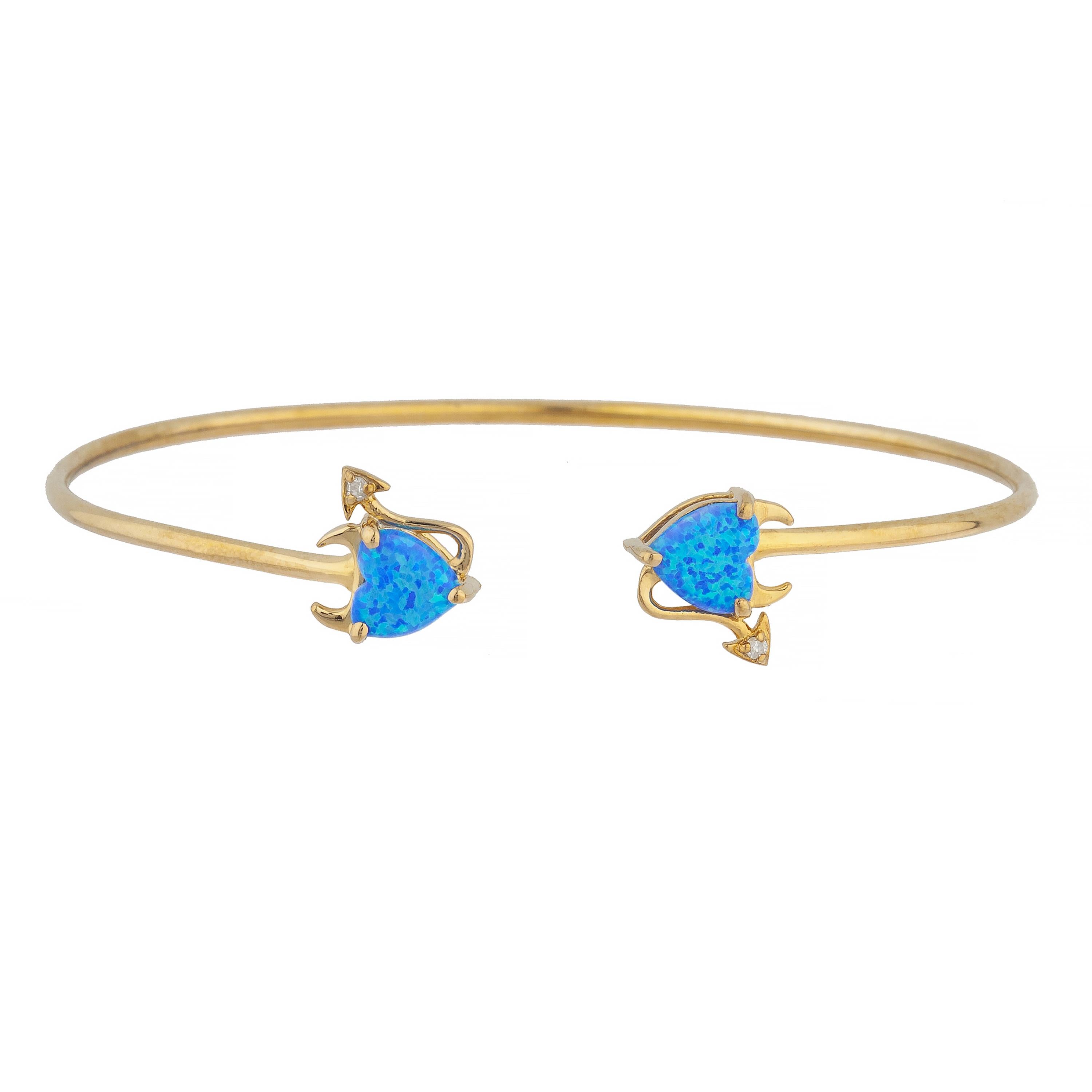 14Kt Gold Blue Opal & Diamond Devil Heart Bangle Bracelet