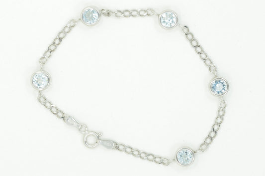 Genuine Aquamarine Round Bezel Bracelet .925 Sterling Silver