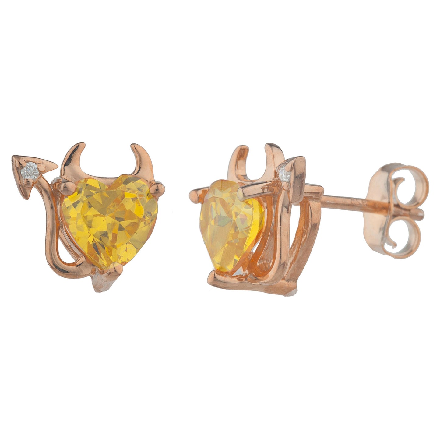 14Kt Gold Yellow Citrine & Diamond Devil Heart Stud Earrings