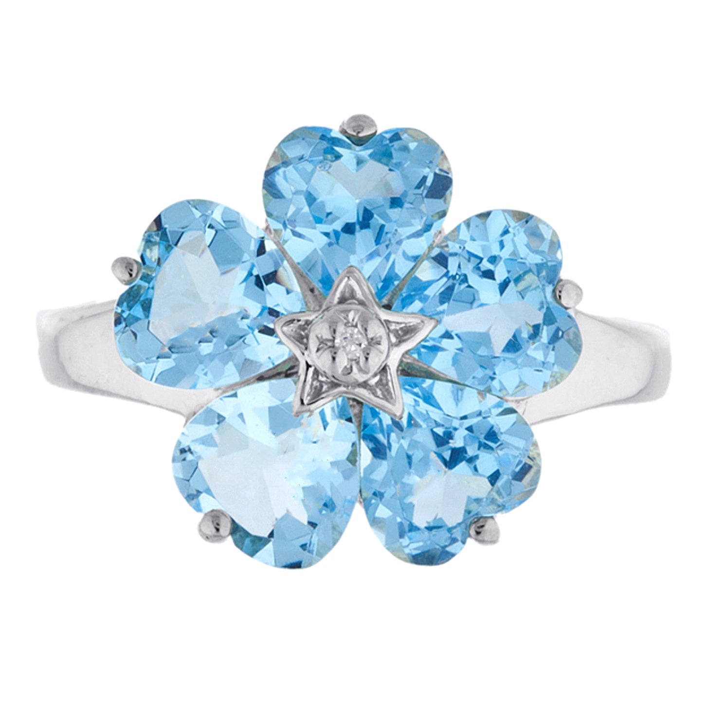 14Kt Gold Blue Topaz & Diamond Heart Flower Design Ring