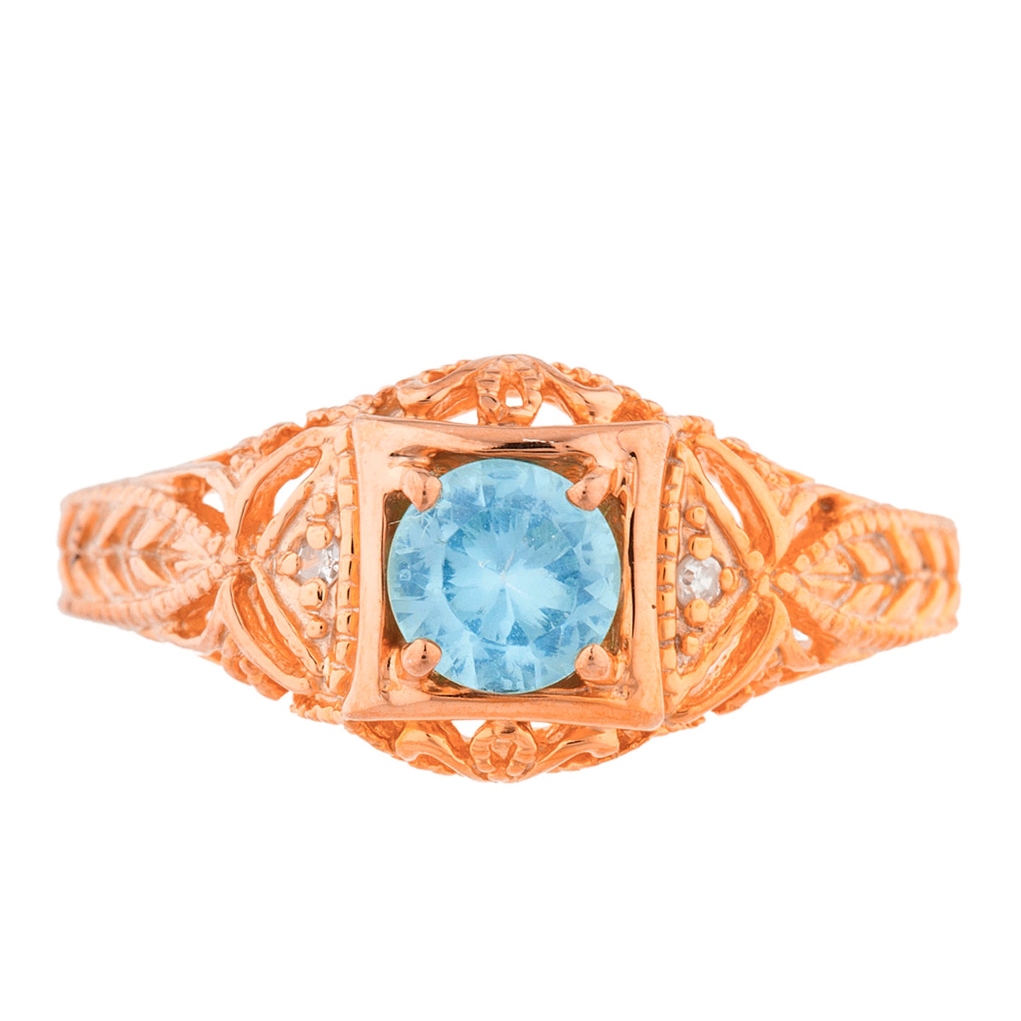 14Kt Gold Blue Topaz & Diamond Design Round Ring