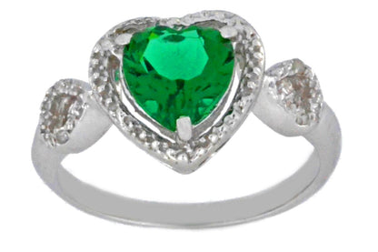 1.5 Ct Emerald & Diamond Heart Ring .925 Sterling Silver Rhodium Finish