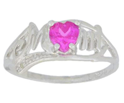 Pink Sapphire & Diamond Heart Mom Ring .925 Sterling Silver