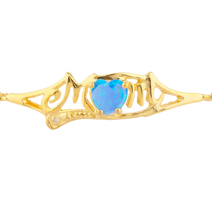 Blue Opal & Diamond Heart Mom Bracelet 14Kt Yellow Gold Plated Over .925 Sterling Silver